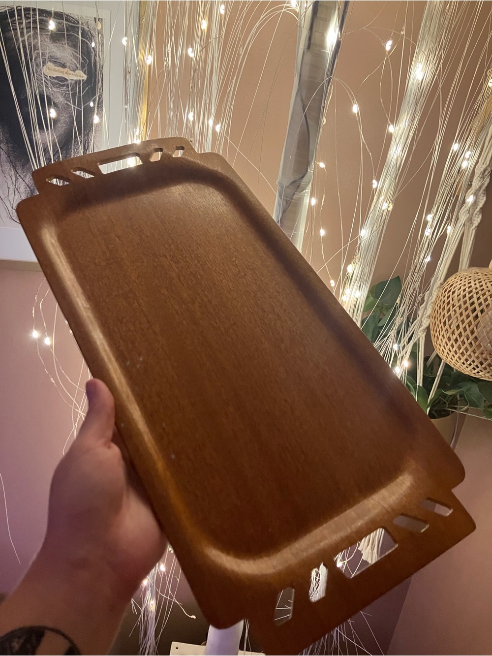 Handcrafted Brown Wood Serving Tray with Cutout Handles